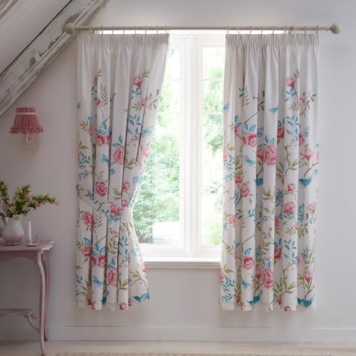 "Dreams & Drapes - Garden Floral Curtains W66 x L72"" (168 x 183cm) - 2x Panels - Pencil Pleat - Blue/Pink Floral Curtains & Tiebacks"