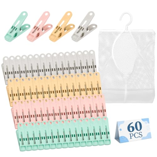 Alyvisun 60PCS Clothes Pegs for Washing Lines, Storage Bag & Durable Spring - Lightweight plastic washing pegs for clothes socks and towels indoors or outdoors ideal for everyday family laundry