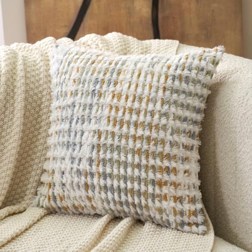 Aeckself Boho Chenille Tufted Pillow Cover Cushions 18x18 Inch, Decorative Square Throw Pillow Cover Neutral Pillowcase for Couch Bedroom Living Room, Yellow White