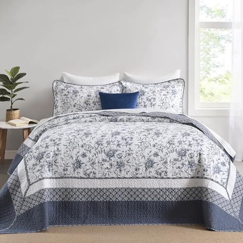 "FineStichery Oversized King Bedspreads 128""x120"", 100% Cotton Floral California King Quilt Extra Large Coverlet, Lightweight Farmhouse Quilted Bedding Set 3 Piece, Blue/White"