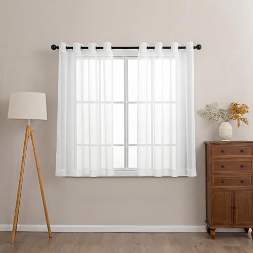 Sonive Curtains Set of 2 L 137×W 145 cm 57×53 in Linen-Look Transparent Decorative Curtain Sheer Curtains for Bedroom Living Room, White