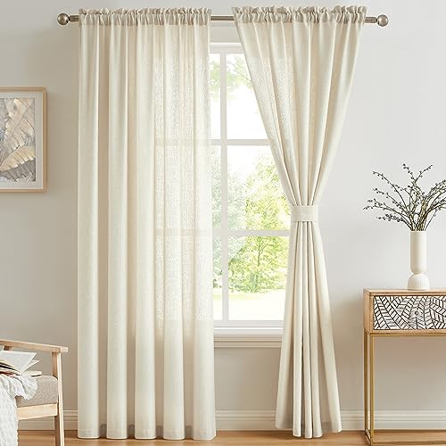 Melodieux 2 Panel Faux Linen Voile Net Curtains Semi Sheer Rod Pocket Drapes for Bedroom, Living Room, Window - Beige, 55 x 54 inch drop (140 x 137cm)