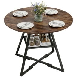 HOMCOM Dining Table for 4 People, 100 cm Round Dining Table, Rustic Brown - Industrial Kitchen Table, Storage Shelf, Wood Effect Tabletop, Metal Base, Dining Room, Living Room