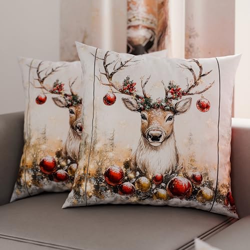 PETTI Italian Artisans - Pair of 45x45 cm Microfiber Cushion Covers, Christmas Pillow Cases, Christmas Decor Cushions for Bedroom, Sofa, Living Room, Set of 2 Cushion Covers, Reindeer Pillow Case
