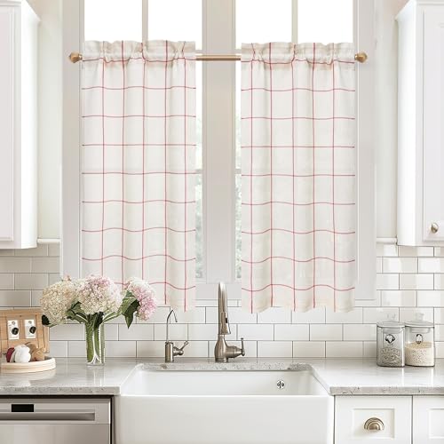 DriftAway Kitchen Curtains Striped Tier Linen Short Curtains Windowpane Plaid Cafe Curtains 45 Inch Length for Living Room Bathroom Chris Farmhouse Rustic Curtains Rod Pocket 2 Panels Red