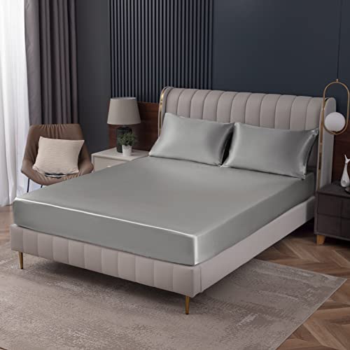 Homiest Light Grey Satin Fitted Sheet King Size, Deep Pocket, Luxury & Ultra Soft Bedding