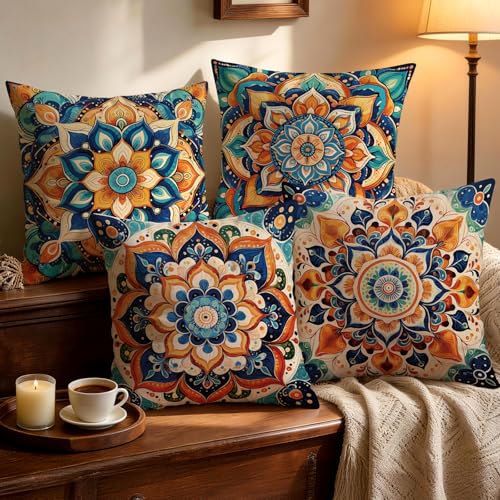 OBSEDE Boho Mandala Decorative Throw Pillow Covers 18 x 18 Inch Set of 4 - Faux Linen Texture, Blue Orange Psychedelic Floral, Bed Sofa Cushion Cases, Bohemian Home Decor, Spiritual Meditation Gift