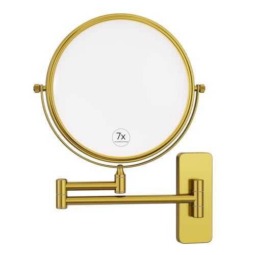 Nicesail Brass Make up Mirror Wall Mounted,1X and 7X Double-Sided Magnifying Mirror Brass Vanity Mirror for Bathroom Wall Extendable Swivel, Antique Brass Finish (8 Inch, 7X)