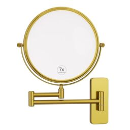 Nicesail Brass Make up Mirror Wall Mounted,1X and 7X Double-Sided Magnifying Mirror Brass Vanity Mirror for Bathroom Wall Extendable Swivel, Antique Brass Finish (8 Inch, 7X)