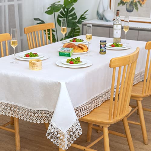 BrekSdat White lace Premium Rectangle Farmhouse Tablecloth Waterproof OilProof SpillProof AntiShrink Soft Wrinkle Resistant Decorative Fabric Table Cover Kitchen Dinning Party Wedding Banquet