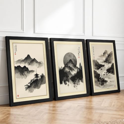Mountain Mist in Silence Japandi Set of 3 Framed Wall Art Prints A3