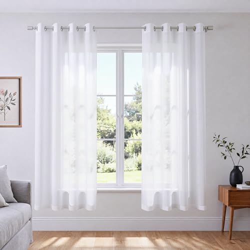 KOUFALL White Sheer Curtains 72 Inches Long for Bedroom Set of 2 Panels Grommet Faux Linen Window Voile Semi Baisc Decorative Sheer Curtains for Living Room 52x72 Inch Length