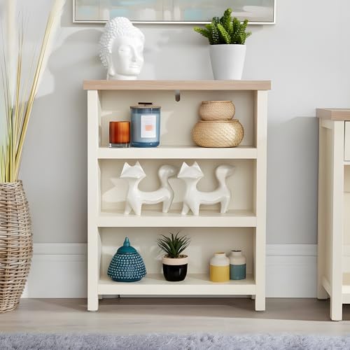 Home Source Avon Low 3 Tier Bookcase – Sonoma Oak Top, Open Shelves - 70W x 22.5D x 87H cm - Small Freestanding Short Bookshelf