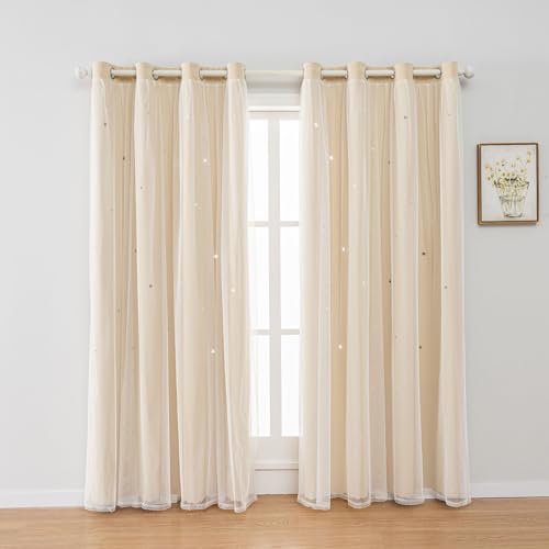 FANLI 2 Panels Star Blackout Curtains for Kid Girls Bedroom Living Room Darking Stripe Double Layer Star Cut Out Wall Home Decor Gradient Grommet Window Curtains (Beige 63L)