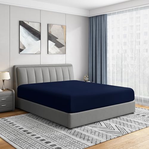 "Cathay Home King Fitted Sheet - Double Brushed Ultra Soft – Wrinkle & Fade Resistant - 14"" Standard Pocket Fitted Sheet Only - Good Fit for 12""-16"" Deep Mattress (King, Navy)"