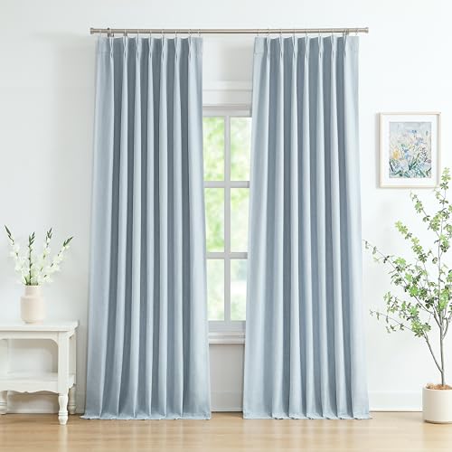 "WEST LAKE 10 FT Tall Dusty Blue Bailey Pinch Pleated Full Blackout Curtains - 120 Inches Linen Textured Bedroom Living Room Drapes,Energy Efficient Back Tab Window Treatment,40""Wx120""Lx2"