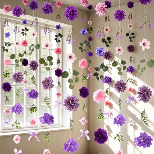 Livole 6Pcs 6Ft Hanging Flower Garland with Bow Purple Wildflower Garlands Backdrop Silk Rose Fake Floral Vines with Hooks for Spring Party Wedding Birthday Anniversary Arch Wall Garden Decor