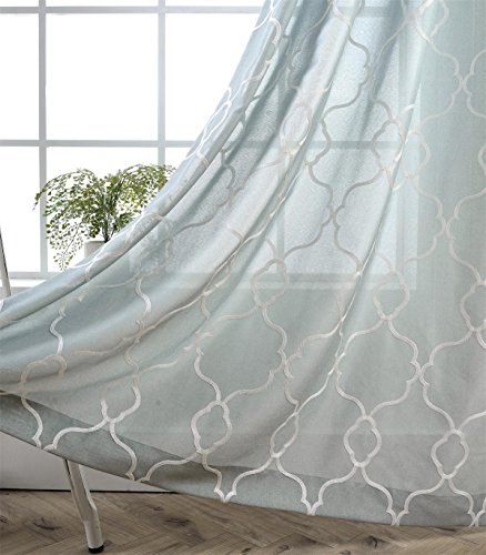 MIUCO Moroccan Embroidered Semi-Sheer Curtains Faux Linen Grommet Window Panel Pair for Nursery 52 x 63 Inch, Sea Foam