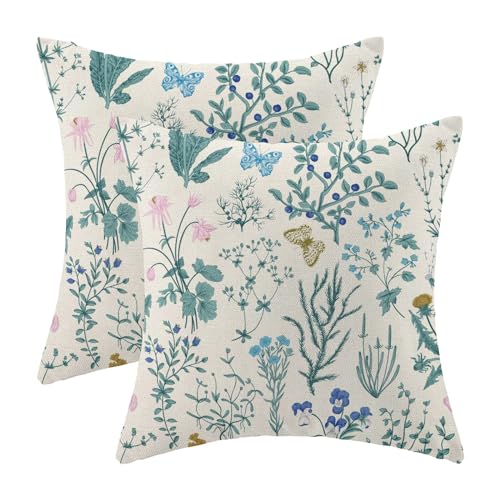 AEIOAE Spring Pillow Covers 22x22 Inch Set of 2,Blue Teal Wild Flower Plant Throw Pillows Case,Seasonal Floral Outdoor Decorative Square Linen Farmhouse Decor Cushion Covers for Home Sofa Bed Couch