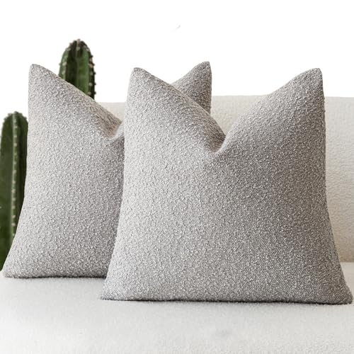 Foindtower Pack of 2, Decorative Textured Boucle Throw Pillow Covers Accent Solid Pillow Cases Cozy Soft Couch Cushion Case for Chair Sofa Bedroom Living Room Home Decor 22 x 22 Inch Neutral Grey