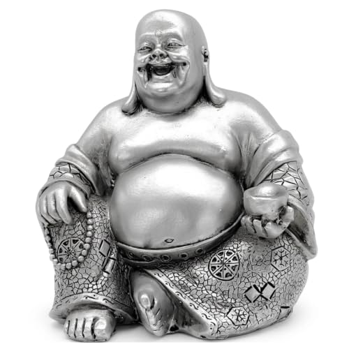 Bellaa 25761 Laughing Buddha Statue Lucky Happy Sitting 6 inch (Silver Buddha)