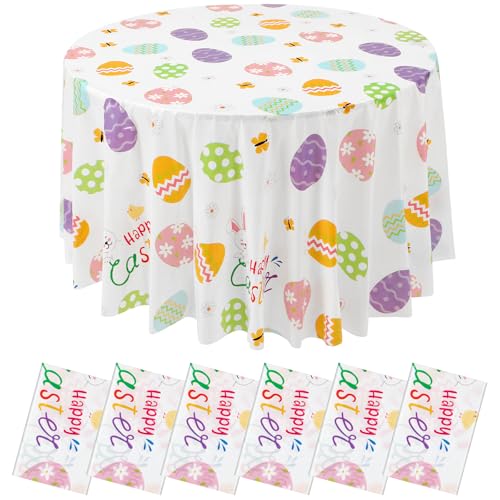 Hahafelt 6 Pcs Easter Plastic Round Tablecloth 84 Inch Spring Pastel Disposable Table Cover Bunny Flower Colorful Eggs Circular Table Cloth for Spring Easter Birthday Party Decoration