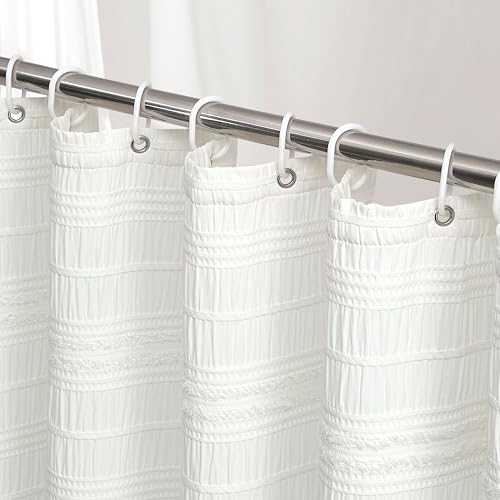 Siiluminisoy Extra Long Farmhouse White Boho Shower Curtain 72 x 78 Cotton Blend Tufted Fabric Waffle Textured Shabby Chic Rustic Minimalist Striped Shower Curtains for Bathroom, Hotel