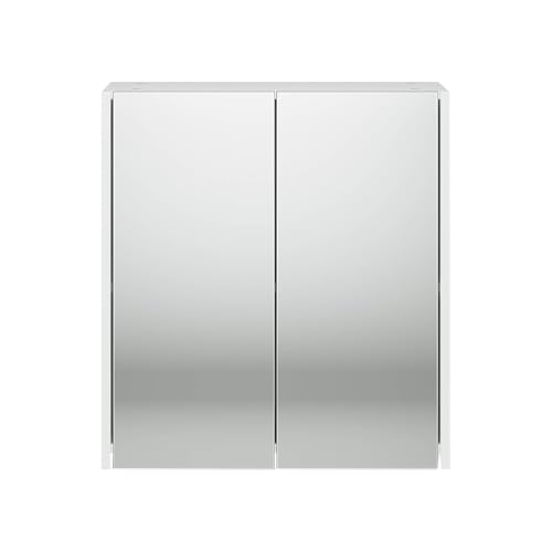iBathUK Rehaus Wall Mounted Double Door Mirror Cabinet with 2 Adjustable Shelves, Soft Close Hinged Door, Frameless Copper Free Silver Mirror, Modern Bathroom Storage Cabinet in Gloss White, 600mm