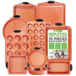 NutriChef 10-Piece Steel Nonstick Bakeware Set - Carbon Steel Baking Tray Set 450??F Oven Safe - Heatsafe Blue Silicone Handles, Pizza Loaf Muffin Round/Square Pans, Cookie Sheet, Baking Pan