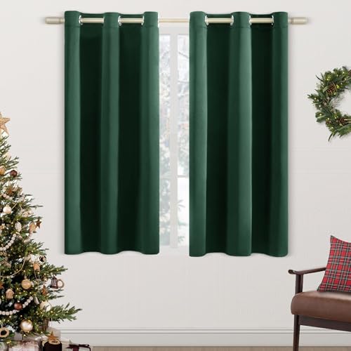 XTMYI Hunter Forest Green Short Window Curtains for Bedroom 2 Panel Sets,Black Out 48 Inch Long Blackout Thermal Insulating Light Blocking Curtains