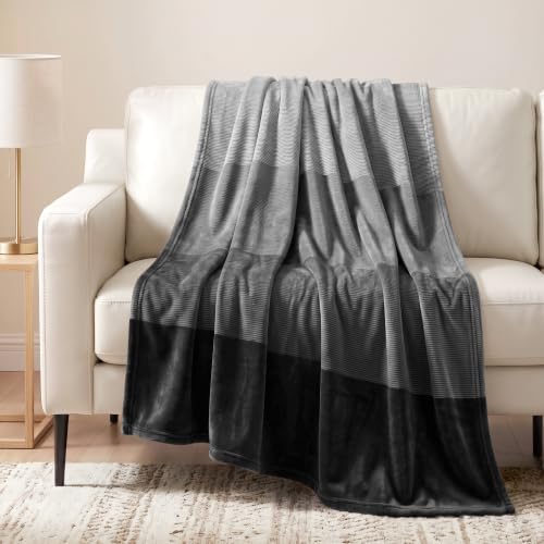 PAVILIA Black Ombre Fleece Blanket 50 x 60 Inches Soft Lightweight Flannel Blanket for Sofa Bed Decorative Blanket in Gradient Microfiber Black and Grey Gift