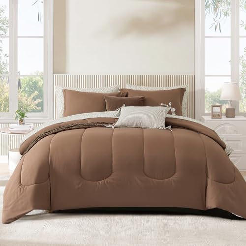 King Size Comforter Set-7 Pieces Fawn Brown Bed in a Bag King Bedding Sets - Monbix All-Season Channel Quilted Comforter with Sheets, Pillow Shams & Pillowcases