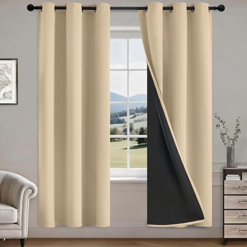 COSVIYA 100% Beige Blackout Curtains for Kids Room 72 Inches Length - Room Darkening Light Blocking Drapes for Bedroom, Grommet Thermal Insulated Window Panels with Black Liner, W40xL72,2 Panels