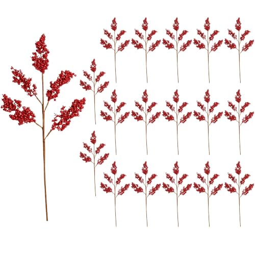 Christmas Tree Berry Picks, Small Glitter Berry Stems, 50cm Red, 18Pcs - Glitter Berry Clusters, Artificial Branches for Wreaths, Garlands, Vases, Table Centrepieces, Festive Floral Arrangements
