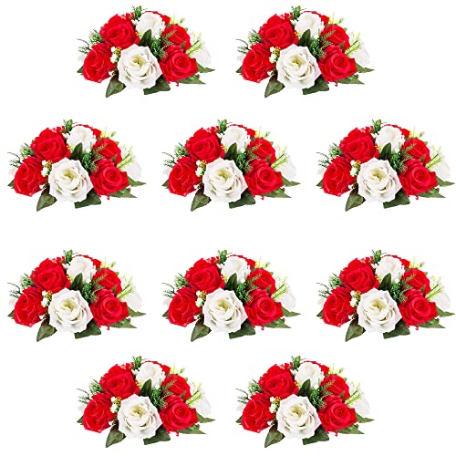 QUTUNI 10Pcs Artificial Rose Balls for Centerpieces (Red & White) - 15 Flower Heads, Plastic Base, for Wedding, Birthday, Parties, Valentine's Day, Christmas