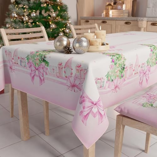 PETTI Artigiani Italiani - Christmas Tablecloth Stain Resistant Rectangular Table Cover for Kitchen, Pink Gnome Design, 140x300 cm, 100% Made in Italy