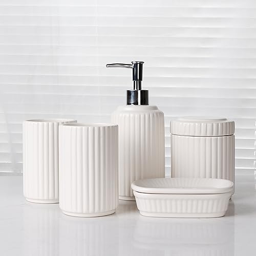 Bathroom Accessories Set 5PCS, Ceramic White Bathroom Accessory Set, Classic Design Bathroom Accessories Sets Complete, Home Apartment Modern Bathroom Decor Vanity Countertop, ANTIS'S HOME