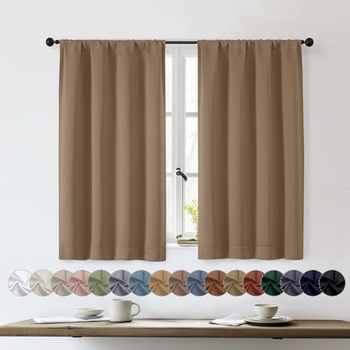 OWENIE Sally Brown Short Blackout Curtains for Bedroom Living Room 45 Inch Length 2 Panels Set, Solid Energy Saving Insulated Bathroom Window Treatment Curtains Blackout Drapes, W40 x L45, Brown