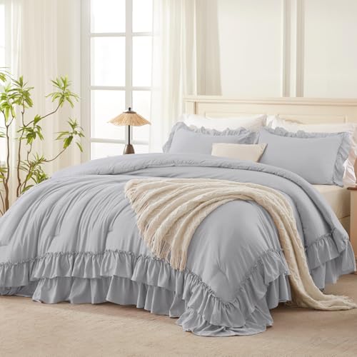 Andency Silver Gray Ruffle California King Comforter Set, 3 Pieces - Lightweight Fluffy, Farmhouse Shabby Chic Bedding Comforter Sets, Soft Polyester All Season, Cal King Bed Sets(104x96Inch)