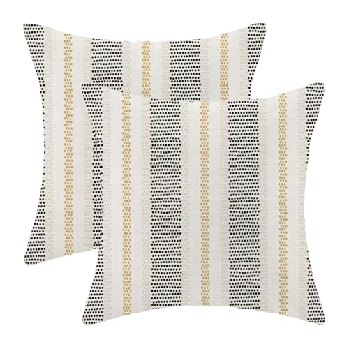 Black Mustard Yellow Outdoor Pillow Covers 22 x 22 Inch, Beige Polka Dots Striped Decor Throw Pillows for Couch Bed, Boho Modern Farmhouse Decorative Pillowcase Linen Cushion Cover Set of 2