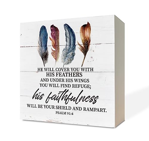 Christian Wood Signs, Bible Verse Psalm 91:4 - He will Cover You with His Feathers, Box Sign Decor Tabletop, Bible Verse Scripture Table Art, Rustic Christian Decor, Living Room Decor, Bedroom D??cor