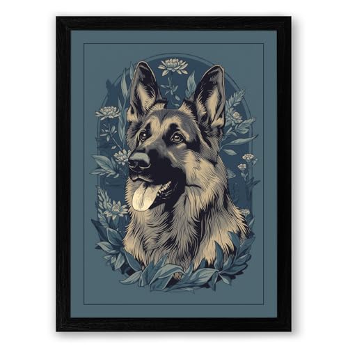 German Shepherd Study Japandi Framed Wall Art Print A1 (84.1×59.4cm) Black, Wall Decor for Living Room, Bedroom, Office & Home, Ready to Hang, Art Gift