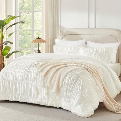 Andency Ruched Ivory Oversized Queen Size Comforter Sets, Shabby Chic Pleated Bedding Sets 3 Pieces, Lightweight Soft Boho Ruffle Bed Set for Girls, Kids, Women, All Season