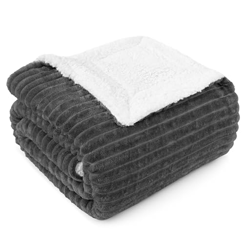 PAVILIA Grey Sherpa Fleece Throw Blanket for Couch, Soft Plush Fuzzy Blankets, Fluffy Flannel Sherpa Blanket for Sofa, Warm 3D Ribbed Winter Blanket Gift, 50x60 inches