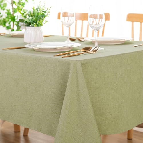 DWCN Rectangle Faux Linen Tablecloth - Textured Waterproof Spill-Proof Wrinkle and Stain Resistant Table Cloth Decorative Fabric Farmhouse Table Cover for Kitchen Dining Party, 54 x 108 Inch, Green