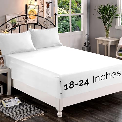 Elegant Comfort 1500 Premium Quality Fitted Sheet Ultra Soft 18-24 Inch Extra Deep Pocket - Single Fitted Sheet for High Mattress - Wrinkle Free with Smart Storage Pockets, California King, White