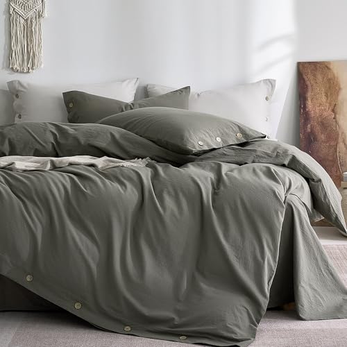 "JELLYMONI 100% Washed Cotton Duvet Cover Twin ??? Soft, Breathable Linen-Look Bedding with Natural Wrinkle Texture, Button Closure, 2-Piece Set (Dark Grey, 68""x90"")"