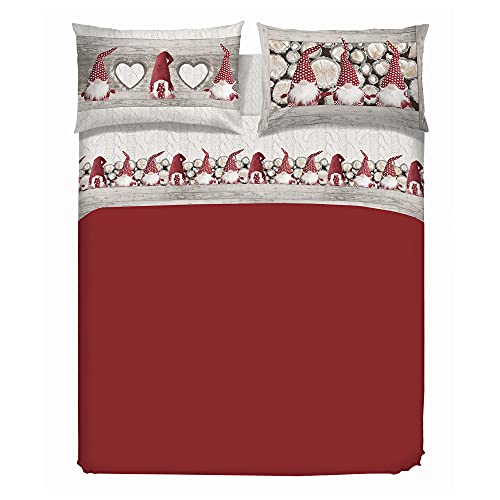 PENSIERI DELICATI Double Bed Sheet Set, Flannel, 100% Warm and Soft Cotton, Queen-size, Includes Bottom Sheet, Top Sheet and 2 Pillowcases, Made in Italy, Red Gnome Design
