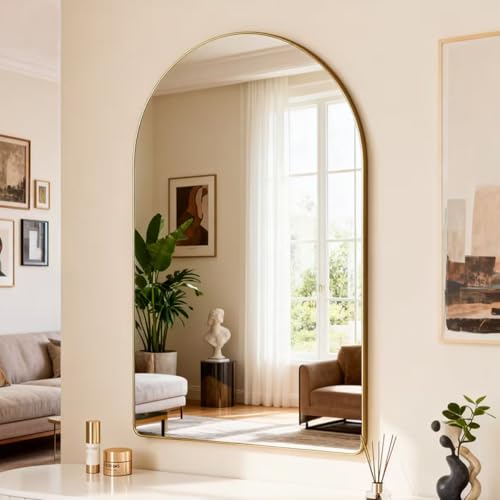 Arched Mirror Gold, MYlovelylands 24x36 Inch Arch Wall Mirror Brushed Metal Frame Wall Mounted Mirror for Bathroom, Living Room, Bedroom, Entryway