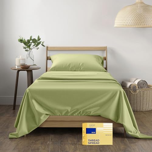 "THREAD SPREAD 100% Egyptian Cotton Sheets Twin Size - 600 Series Bliss Collection Sheets, Deep Pocket (3 PC,Sage Green), Soft, Cooling Sateen Twin Sets for Dorm, 16"" Deep Pocket"